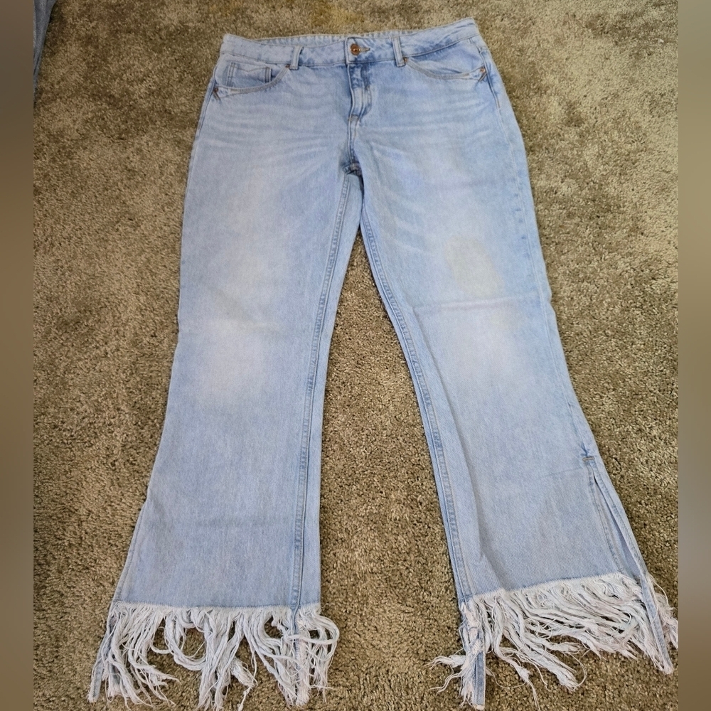 Zara Light Wash Fringe Hem Flared Jeans
